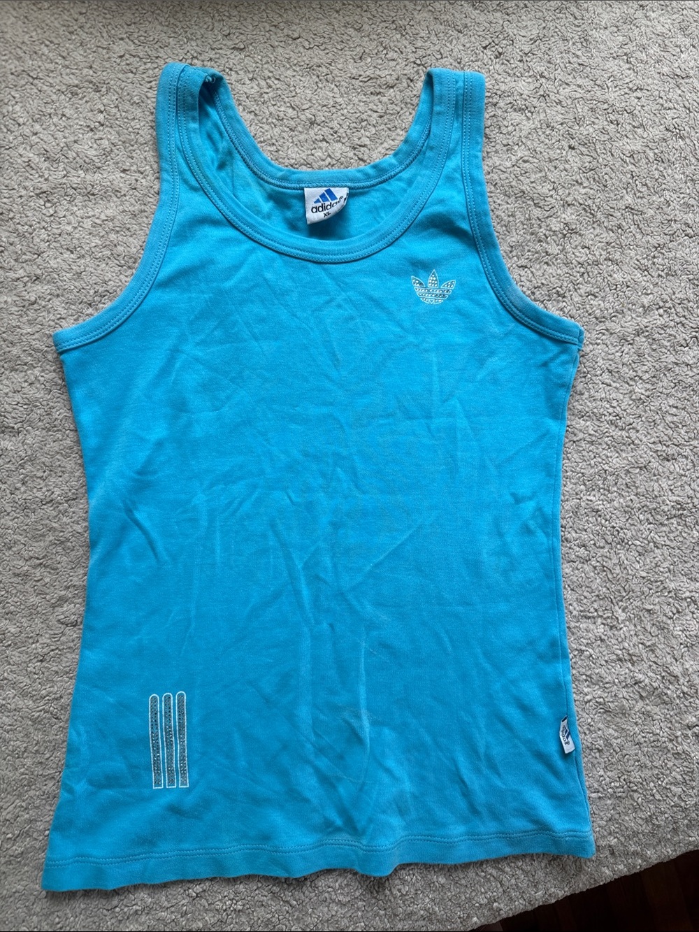 Vintage adidas y2k Teal Tank Top with White Trefoil and rhinestone details!!